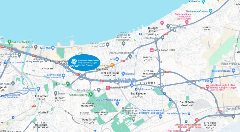 Plan d'accès au Palais des Expositions SAFEX, Pins Maritimes, Alger